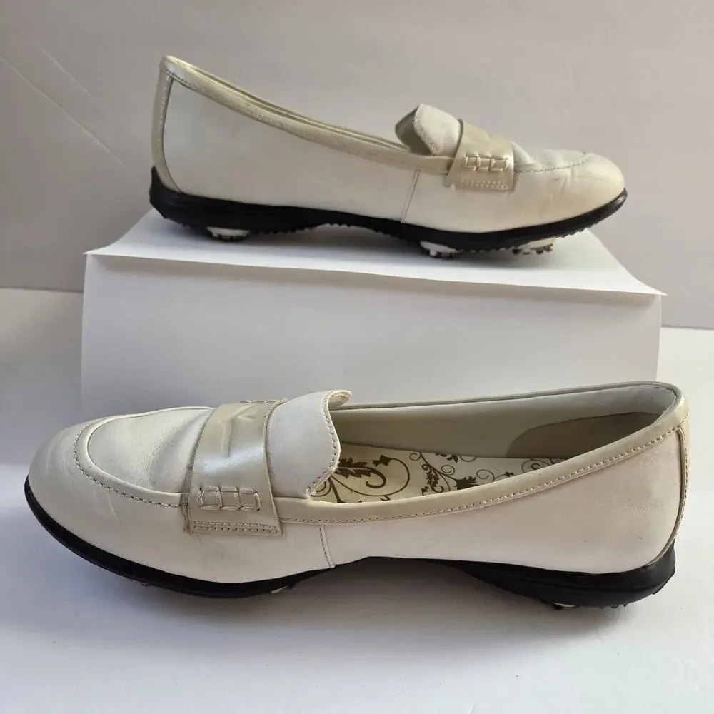 Callaway Couture Women’s Moc Shoes Loafers Ivory with Tan Trim Spiked Sole 8